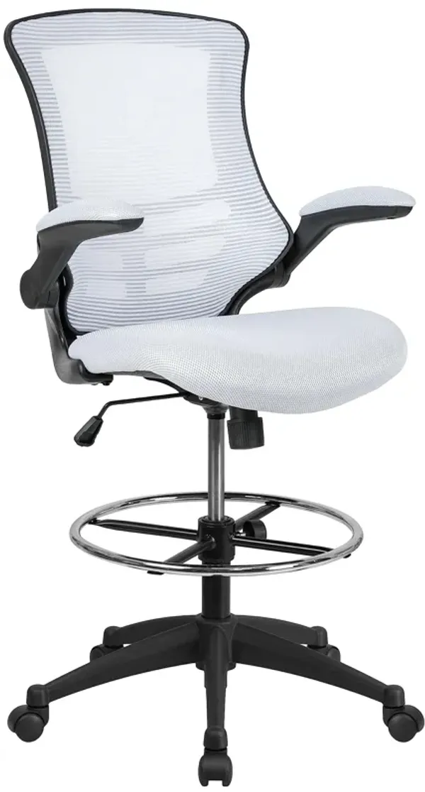 Flash Furniture Kelista Mid-Back White Mesh Ergonomic Drafting Chair | Adjustable Foot Ring, Flip-Up Arms | Comfort and Productivity