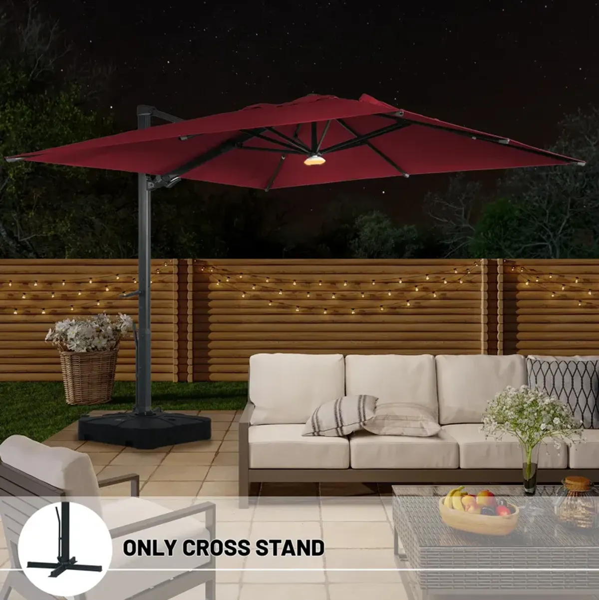 10x10 ft. 360°Rotation Square Cantilever Patio Umbrella with Bluetooth Speaker and LED Light in Red