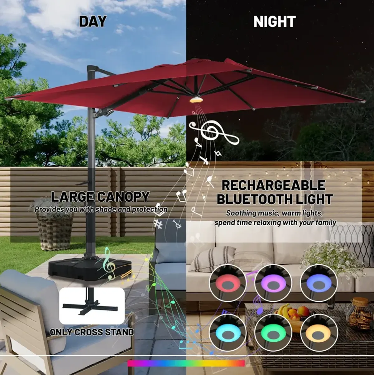 10x10 ft. 360°Rotation Square Cantilever Patio Umbrella with Bluetooth Speaker and LED Light in Red