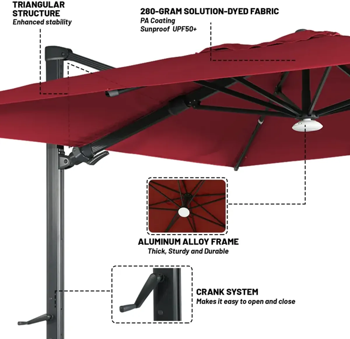 10x10 ft. 360°Rotation Square Cantilever Patio Umbrella with Bluetooth Speaker and LED Light in Red