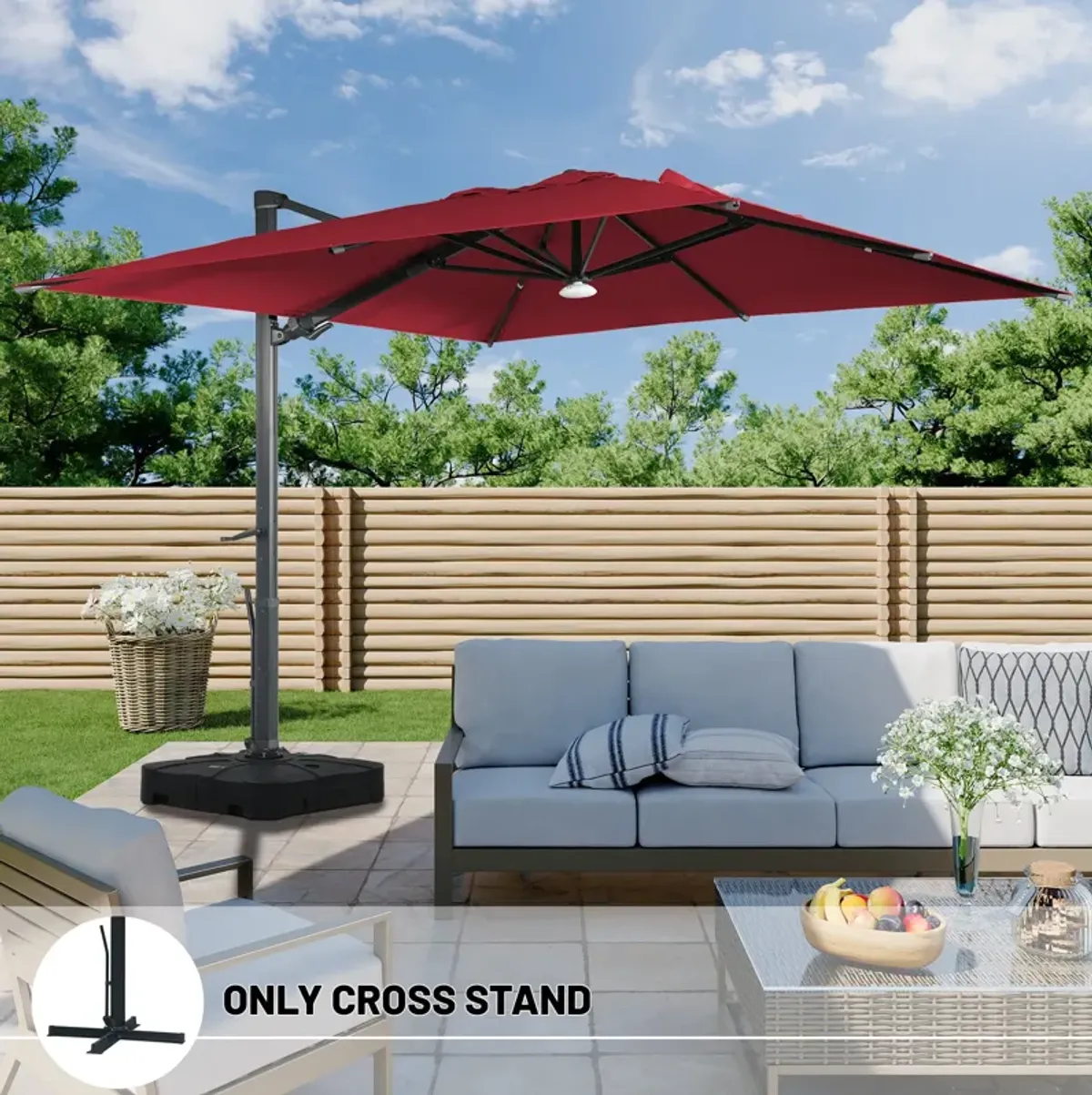 10x10 ft. 360°Rotation Square Cantilever Patio Umbrella with Bluetooth Speaker and LED Light in Red