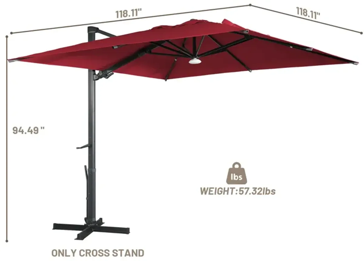 10x10 ft. 360°Rotation Square Cantilever Patio Umbrella with Bluetooth Speaker and LED Light in Red