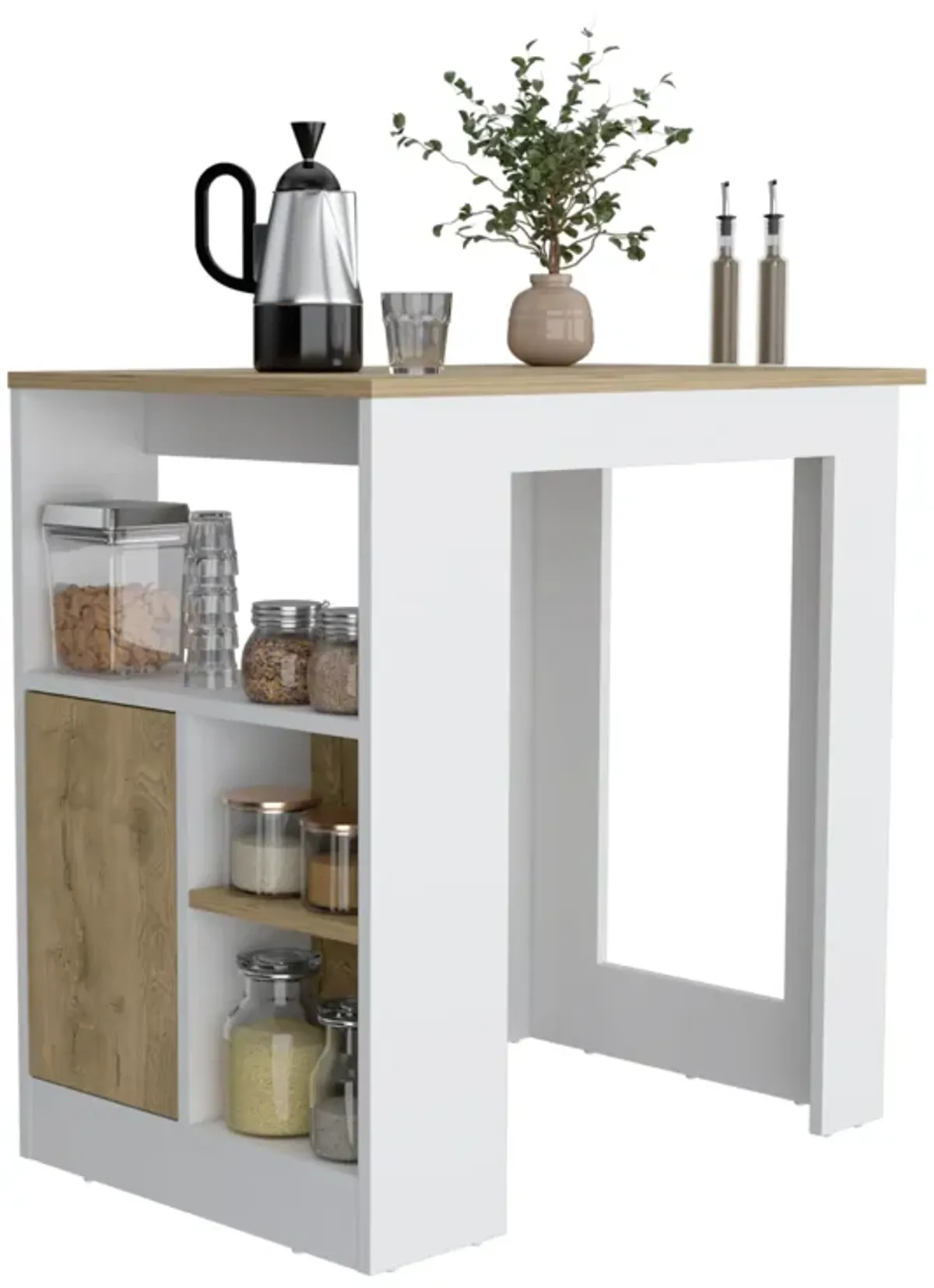 DEPOT E-SHOP Masset Kitchen Island with Side Shelve and Push to open Cabinet , White / Macadamia -Kitchen
