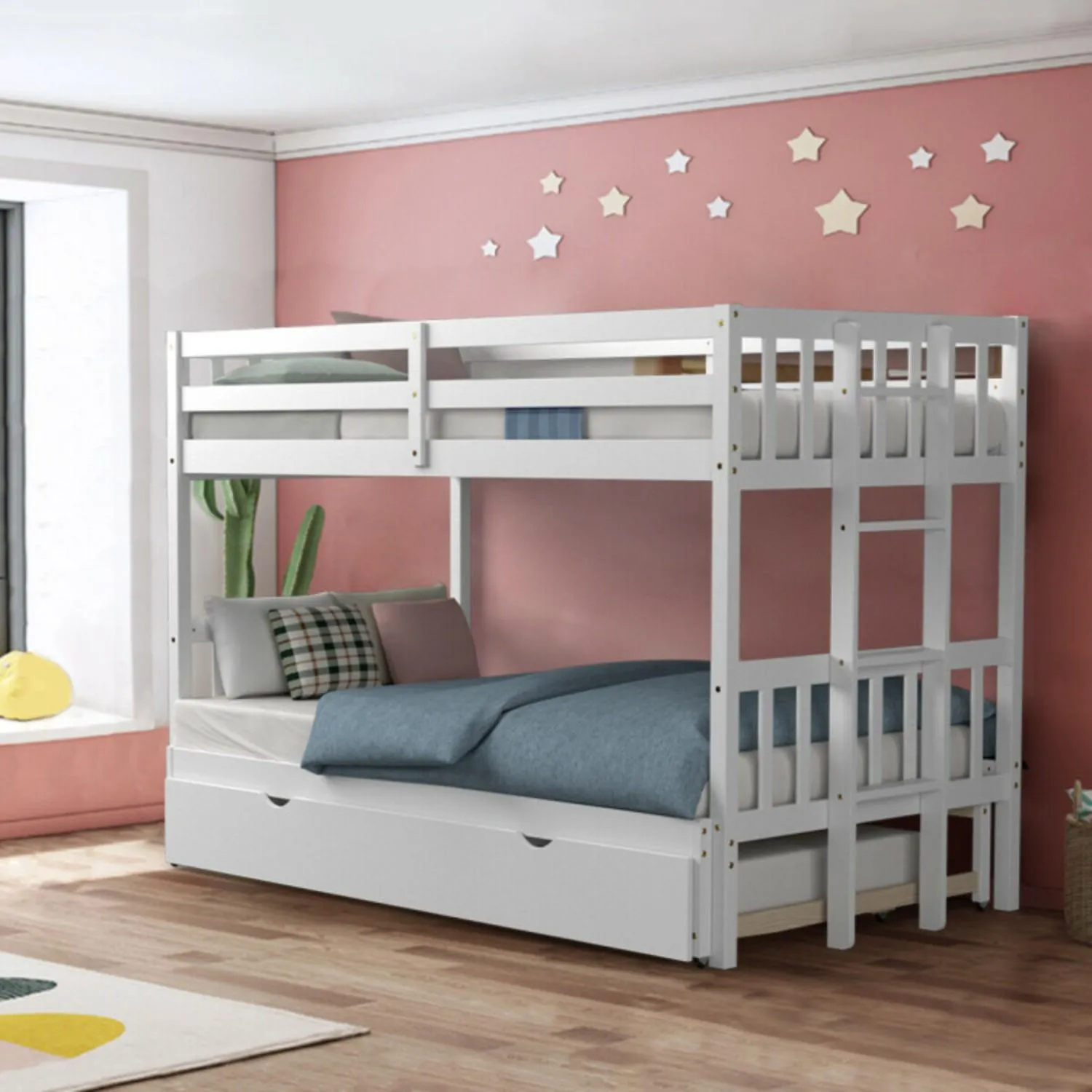 Twin Pull-Out Bunk Bed with Trundle Wooden Ladder