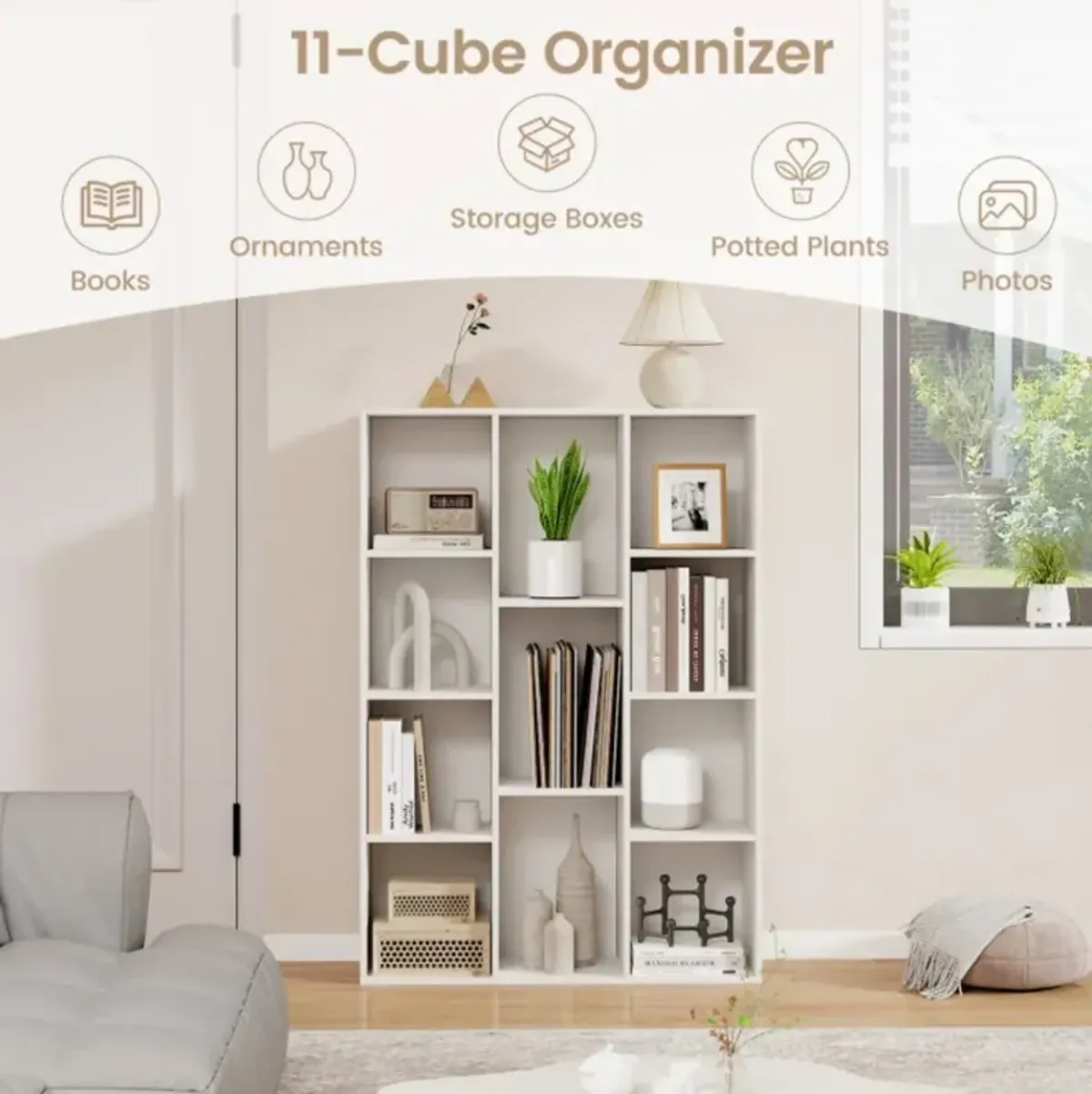 Hivvago 11-Cube Multifunctional Book Storage Organizer Display Cabinet with Anti-tipping Kits-White