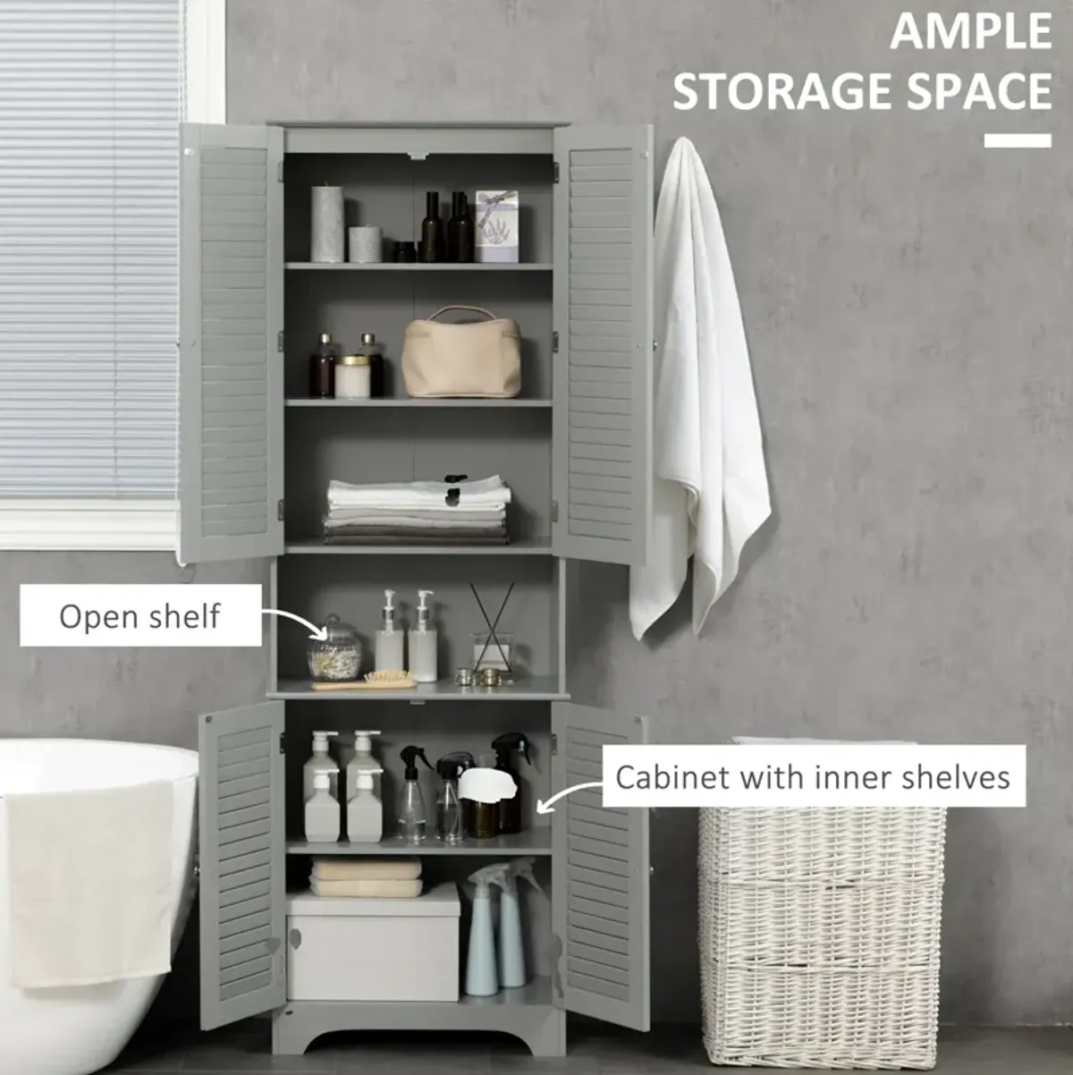 Grey Bathroom Storage: Freestanding Linen Tower with Adjustable Shelves