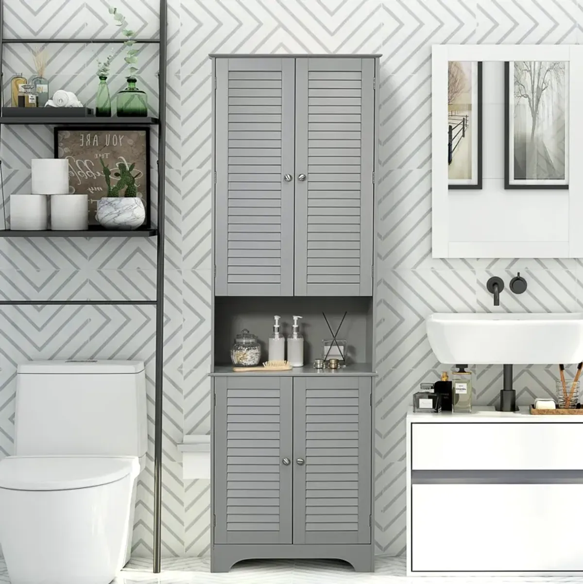 Grey Bathroom Storage: Freestanding Linen Tower with Adjustable Shelves