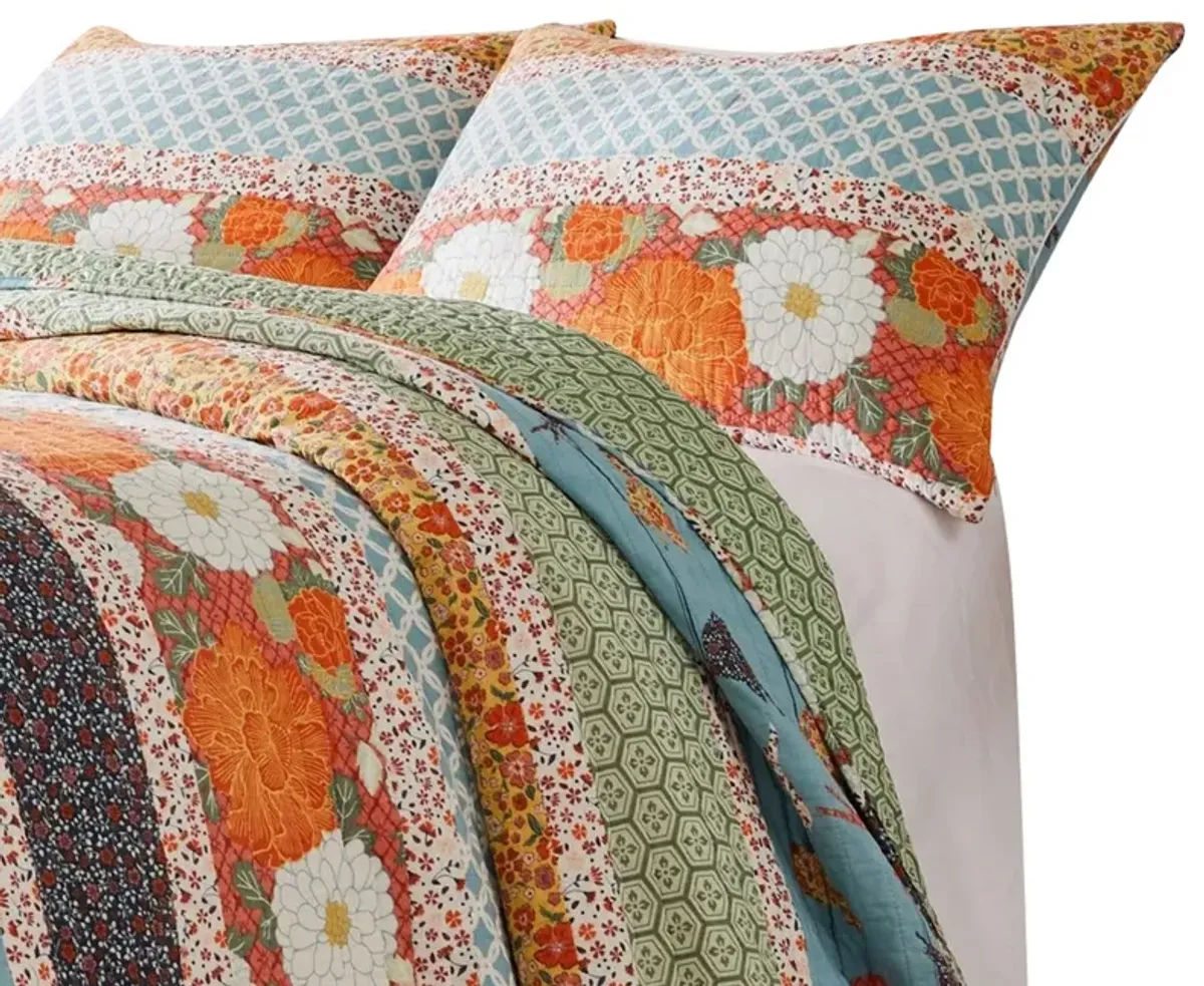 2pc Twin Quilt and Pillow Sham Set, Floral and Songbirds Prints, Multicolor - Benzara