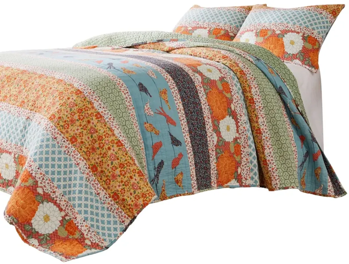 2pc Twin Quilt and Pillow Sham Set, Floral and Songbirds Prints, Multicolor - Benzara