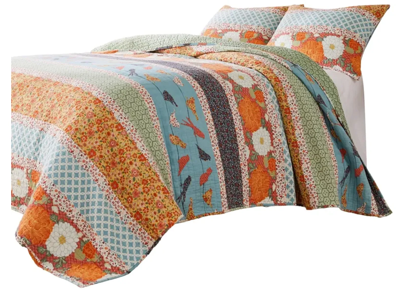 2pc Twin Quilt and Pillow Sham Set, Floral and Songbirds Prints, Multicolor - Benzara