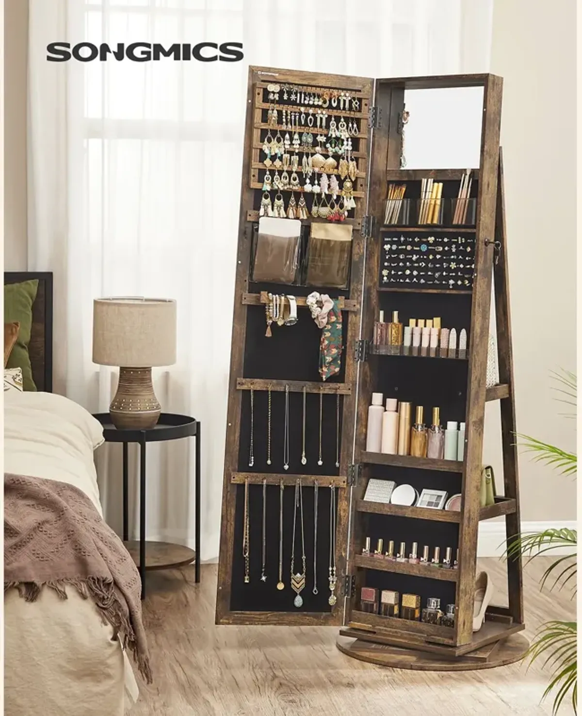 360° Swivel Lockable Jewelry Cabinet with Full-Length Mirror, Rear Storage Shelves, and Built-In Small Mirror