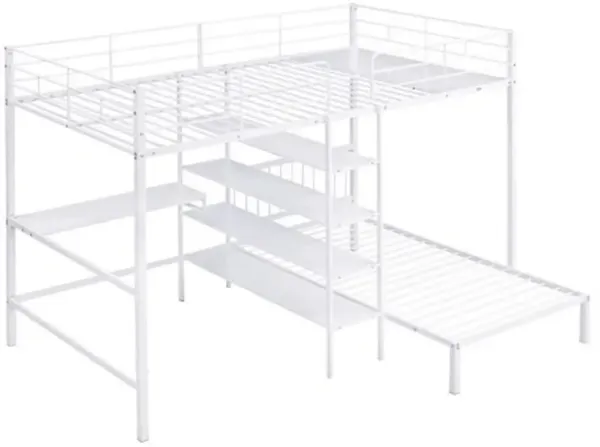 Space-Saving Metal Bunk Bed with Integrated Desk and Storage Shelves