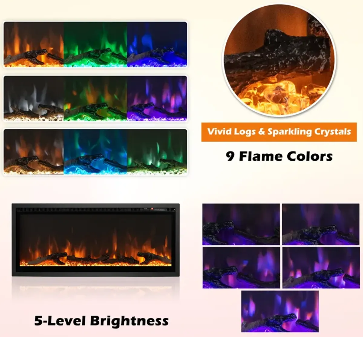 Electric Fireplace in-Wall Recessed with Remote Control and Adjustable Color and Brightness