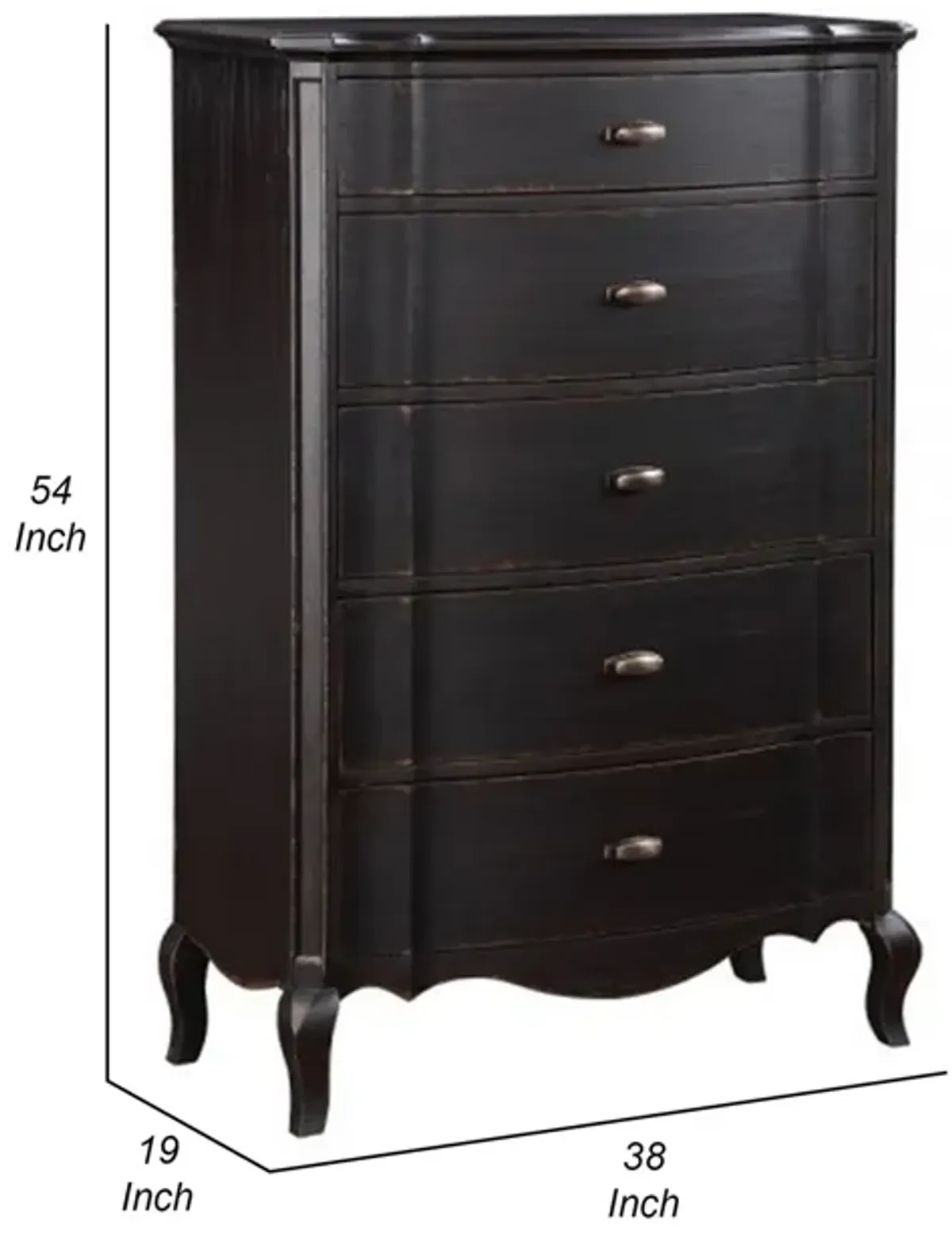 Benjara Cherry 38 Inch Tall Dresser Chest, 5 Drawer, Cabriole Legs Black Rubberwood