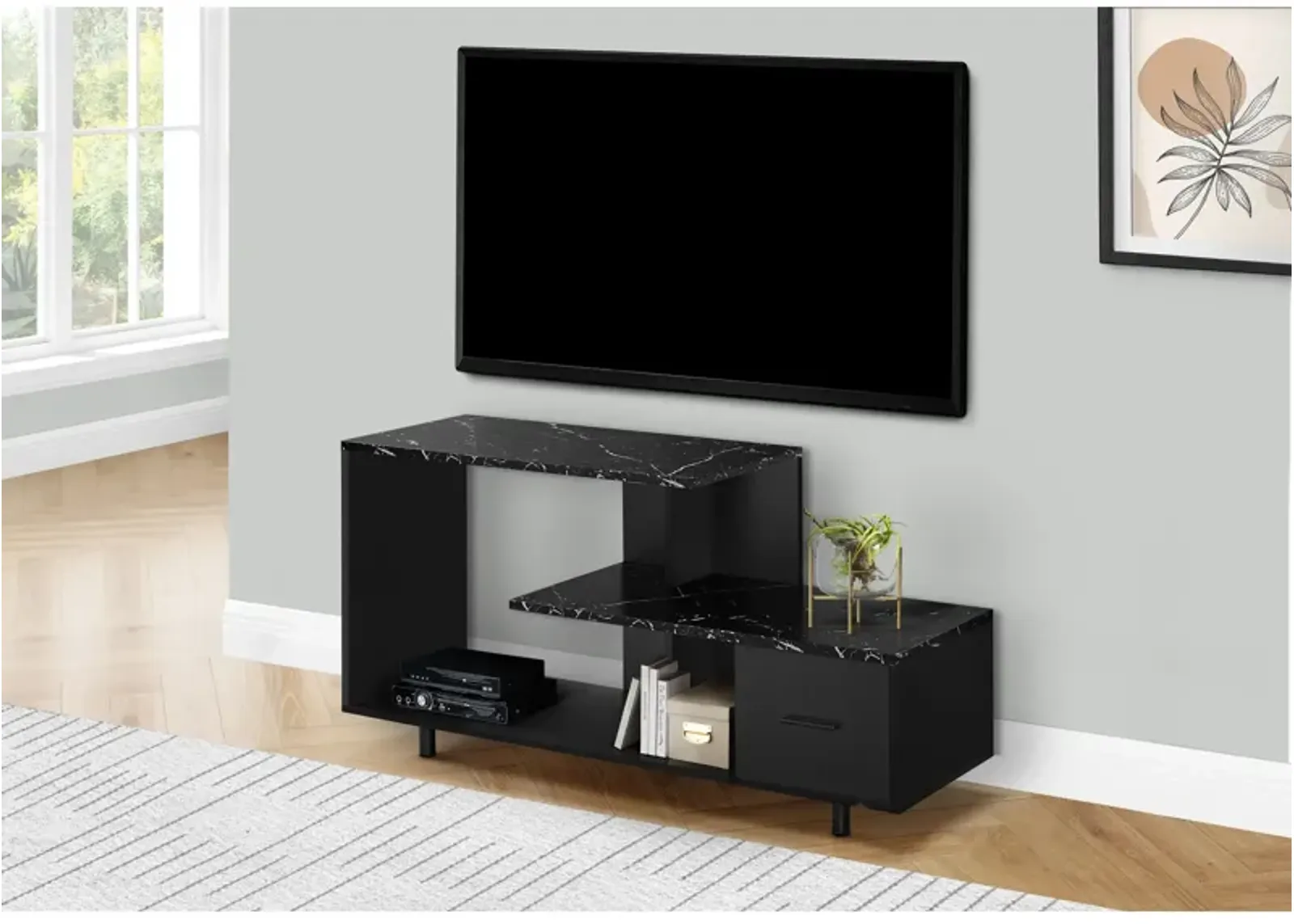 Monarch Specialties I 2610 Tv Stand, 48 Inch, Console, Media Entertainment Center, Storage Drawer, Living Room, Bedroom, Laminate, Black Marble Look, Contemporary, Modern