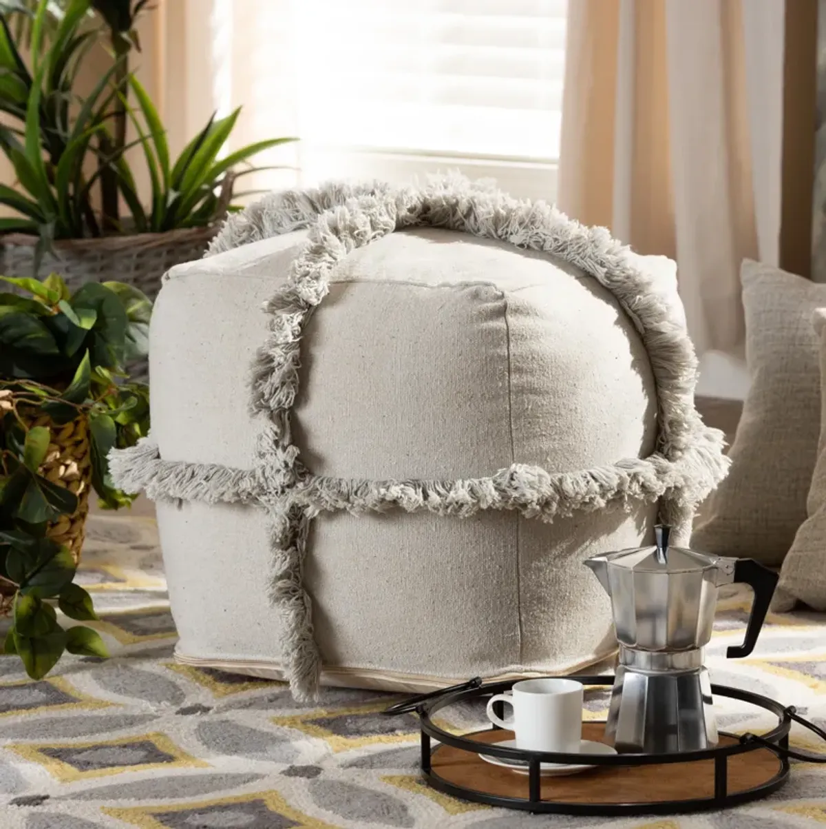 Baxton Studio Alfro Moroccan Inspired Grey Handwoven Cotton Fringe Pouf Ottoman