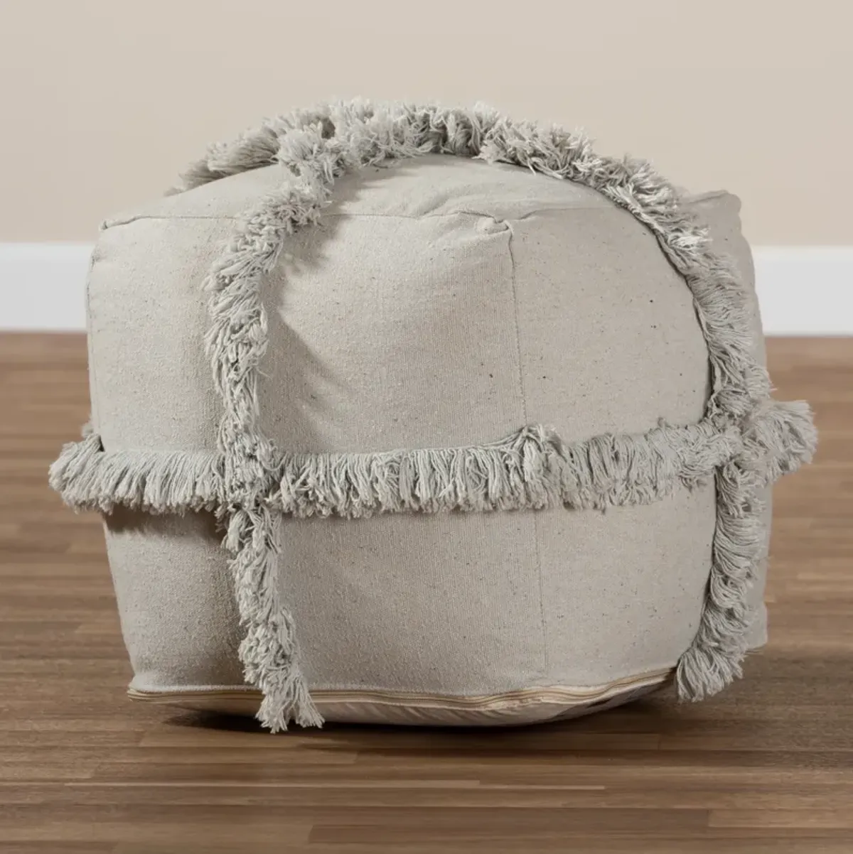 Baxton Studio Alfro Moroccan Inspired Grey Handwoven Cotton Fringe Pouf Ottoman