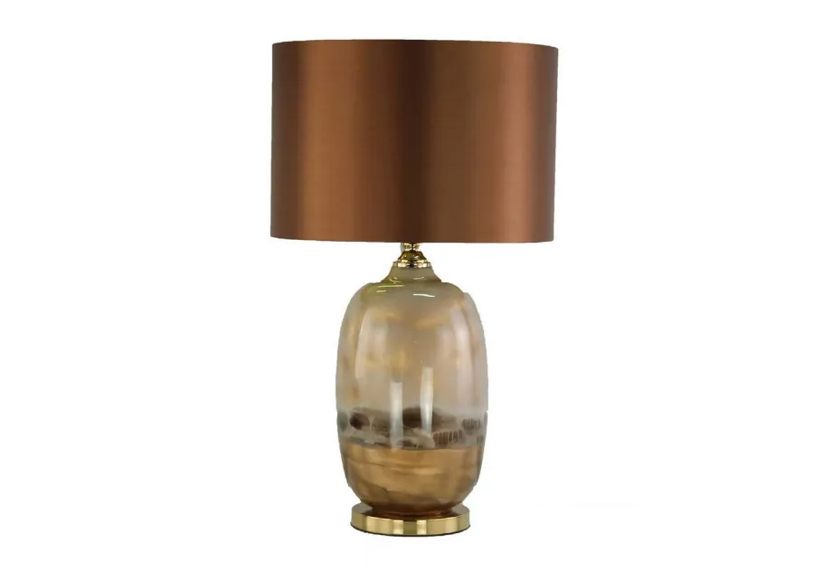 Gia 25 Inch Table Lamp, Drum Shade, Vase Shaped Glass Body, Brown Finish - Benzara