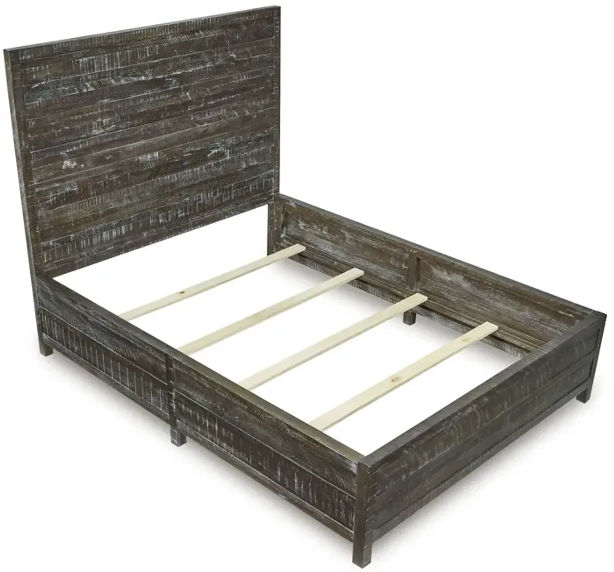 Cas King Size Bed, Rustic Rough Hewn Solid Wood Planks, Dark Gray Wood - Benzara