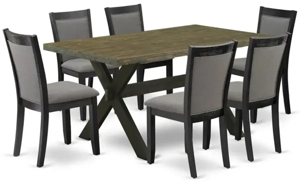 X676MZ650-7 7 Pc Dinette Set - Distressed Jacobean Kitchen Table with 6 Dark Gotham Grey Dining Chairs - Wire Brushed Black Finish