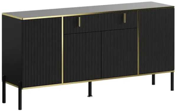 Black Wavy Paint Finish Floor-Standing Sideboard Cupboard with 4-Doors 2-Drawers Adjustable Shelves