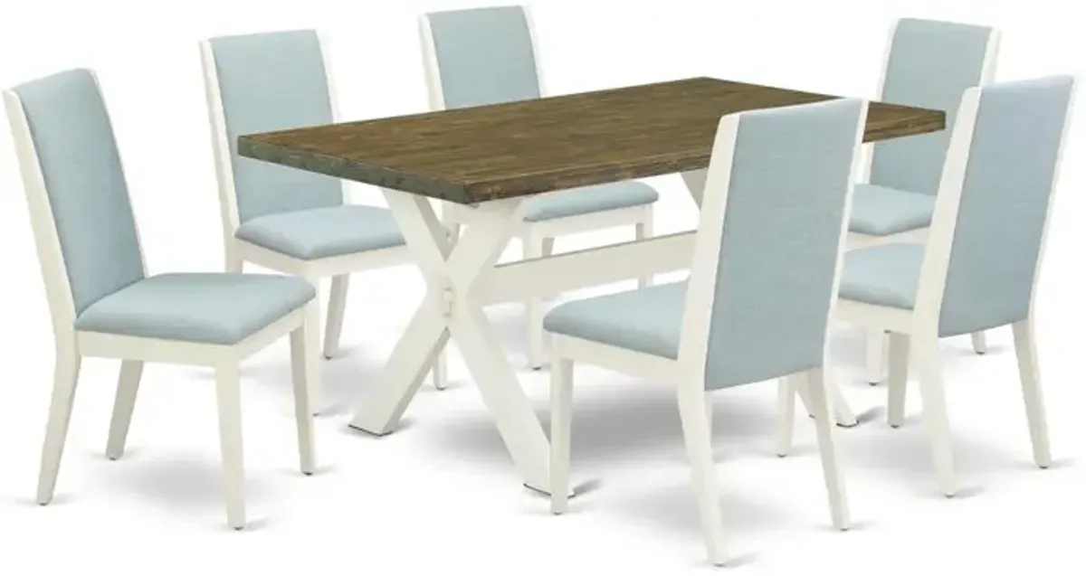 East West Furniture X076LA015-7 7Pc Dining Room Table Set Consists of a Rectangle Table and 6 Upholstered Dining Chairs with Baby Blue Color Linen Fabric, Medium Size Table with Full Back Chairs, Wire