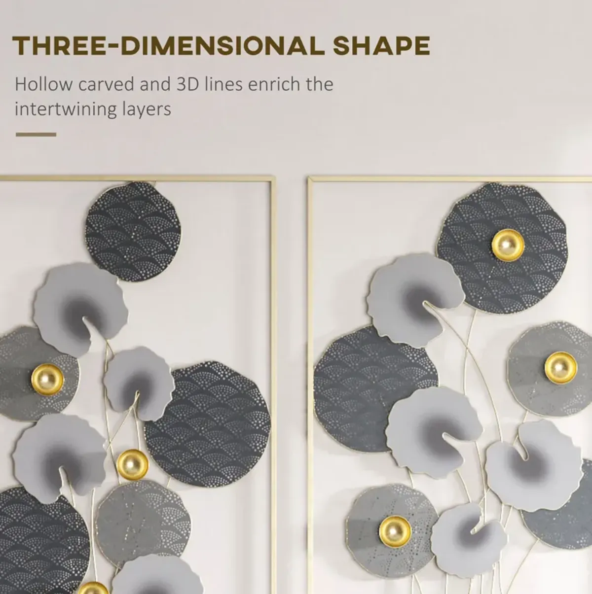 Grey/Gold Wall Art: 3D Metal Lotus Leaves Set for Room Decor