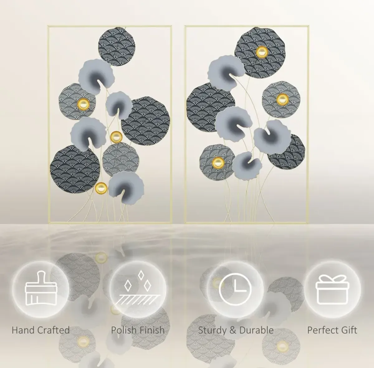 Grey/Gold Wall Art: 3D Metal Lotus Leaves Set for Room Decor