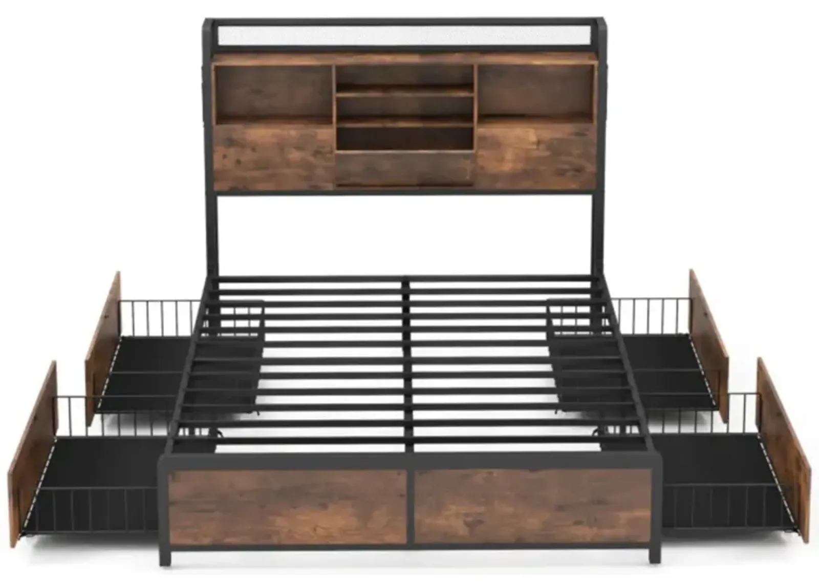 Hivvago Full/Queen Size Bed Frame with Bookcase Headboard and 4 Storage Drawers