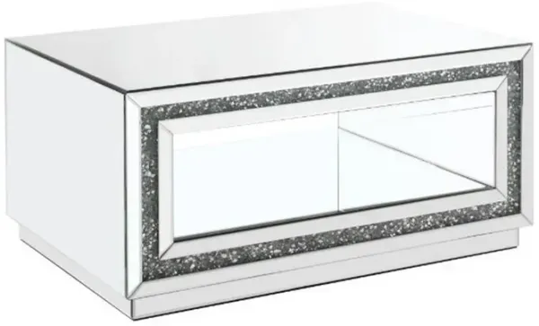Coffee Table with Mirror Framing and Faux Diamonds, Silver-Benzara