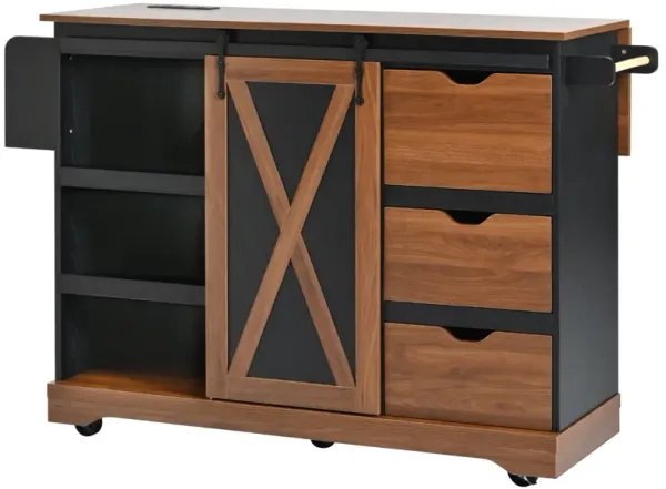 Merax Farmhouse Kitchen Island with Drop Leaf & Power Outlet - Rolling Storage Cart with Barn Door