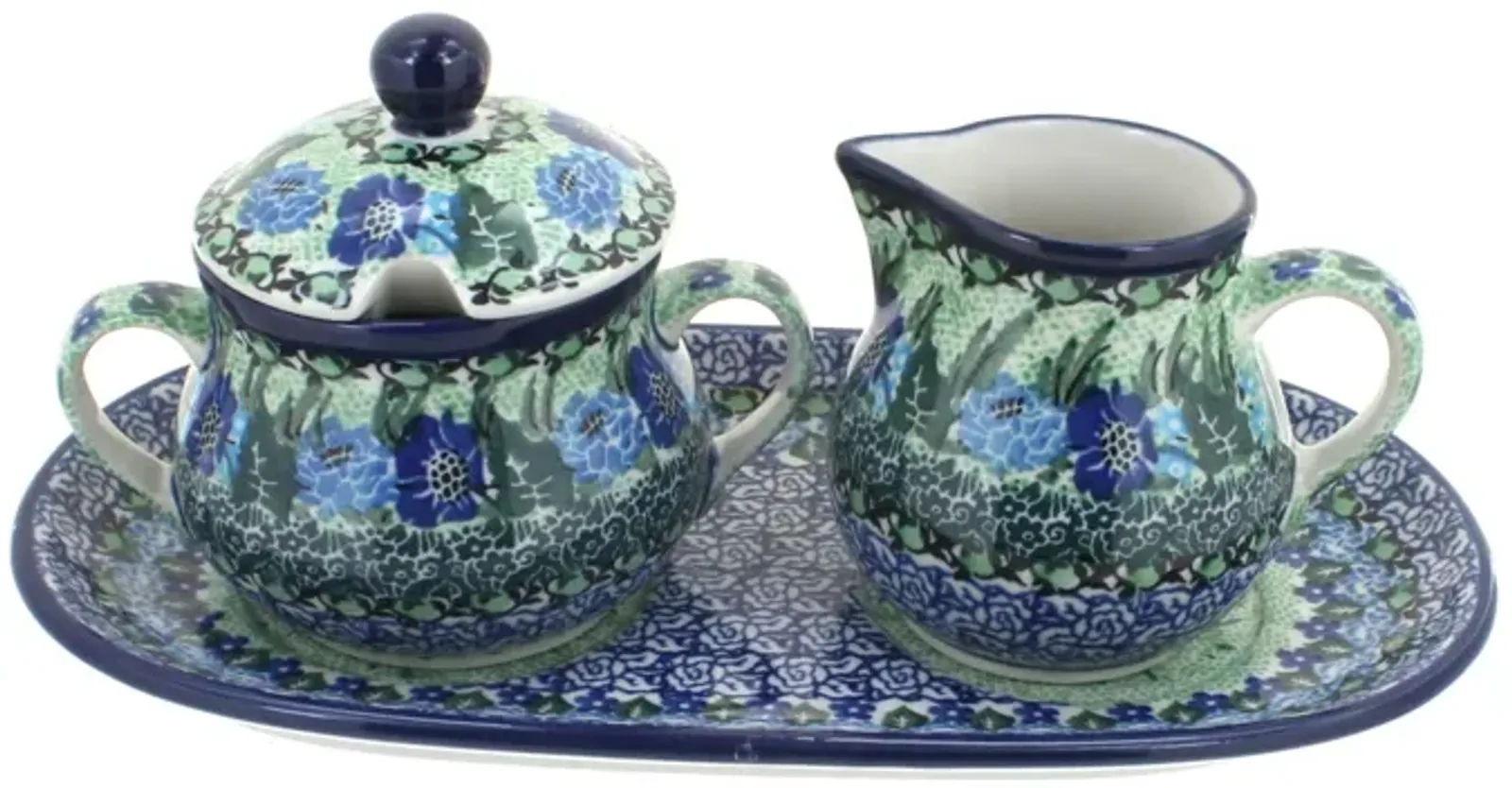 Blue Rose Polish Pottery Tulip Bouquet Small Cream & Sugar Set with Tray