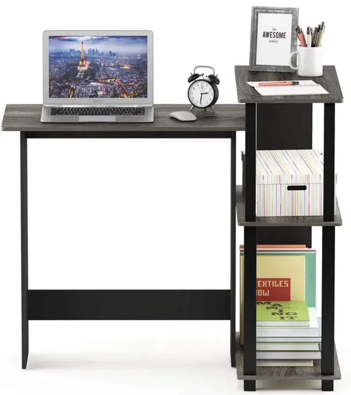 Abbott Corner Computer Desk with Bookshelf, French Oak Grey/Black