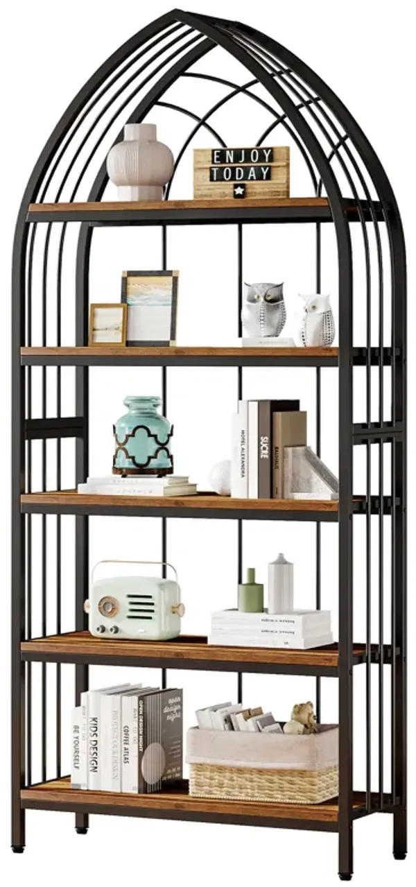 5-Tier Bookshelf, 74.8-Inch Tall Bookshelf, Industrial Curved Freestanding Display Shelf, Wood Storage Shelves with Metal Frame for Home Office (1, Rustic Brown & Black)