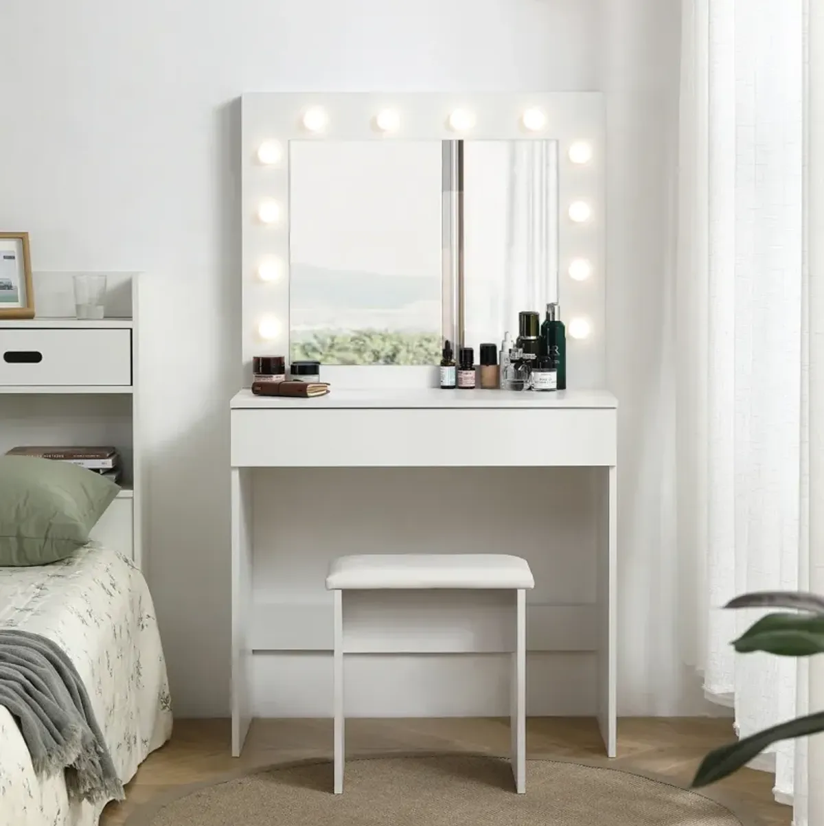 Vanity Table Set with Lighted Mirror & Stool