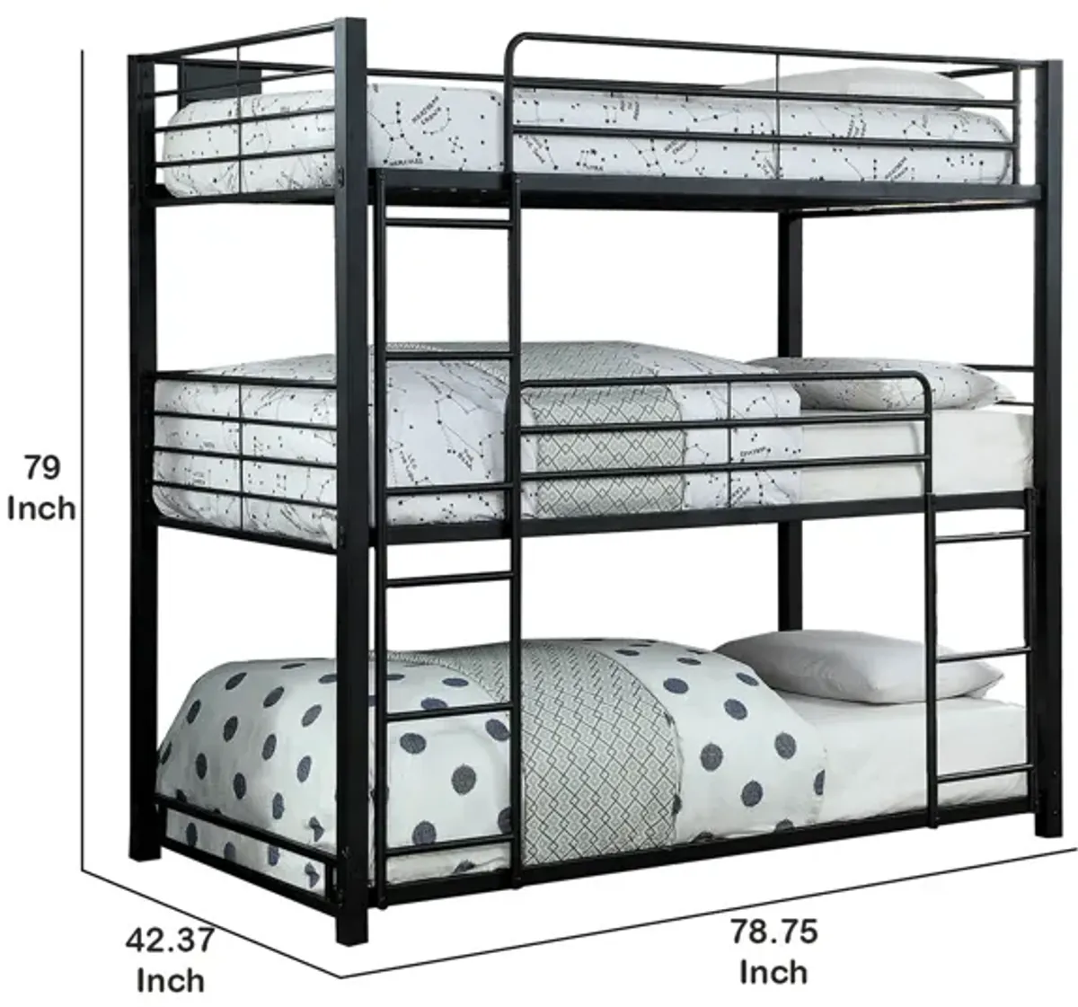 3 Tier Bunk Bed with Attached Ladders, Black-Benzara