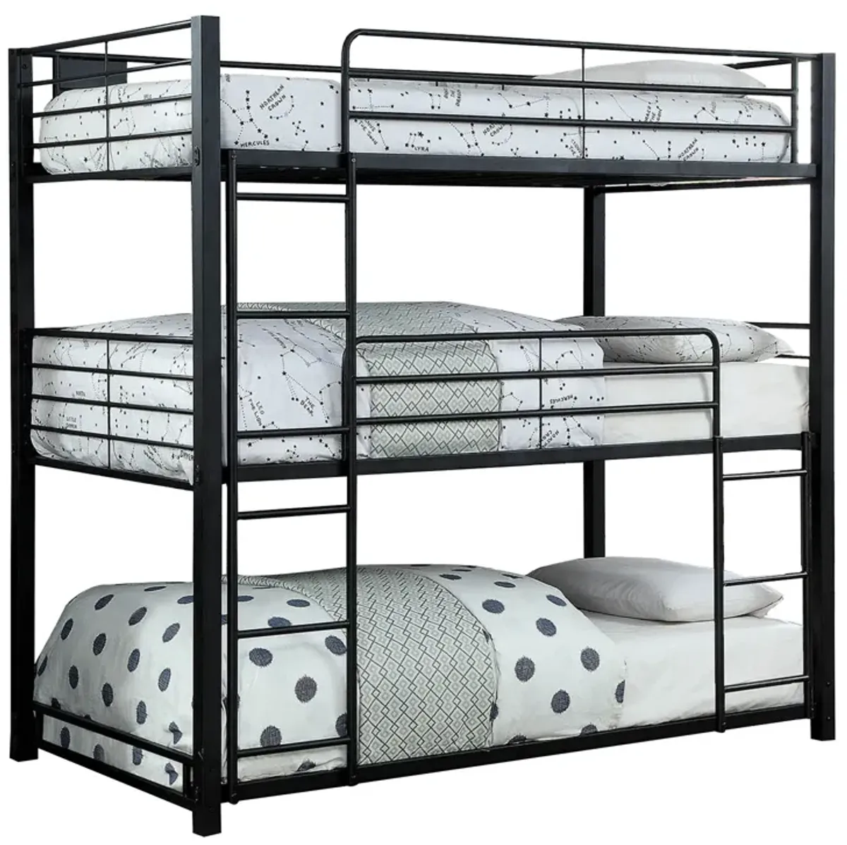 3 Tier Bunk Bed with Attached Ladders, Black-Benzara