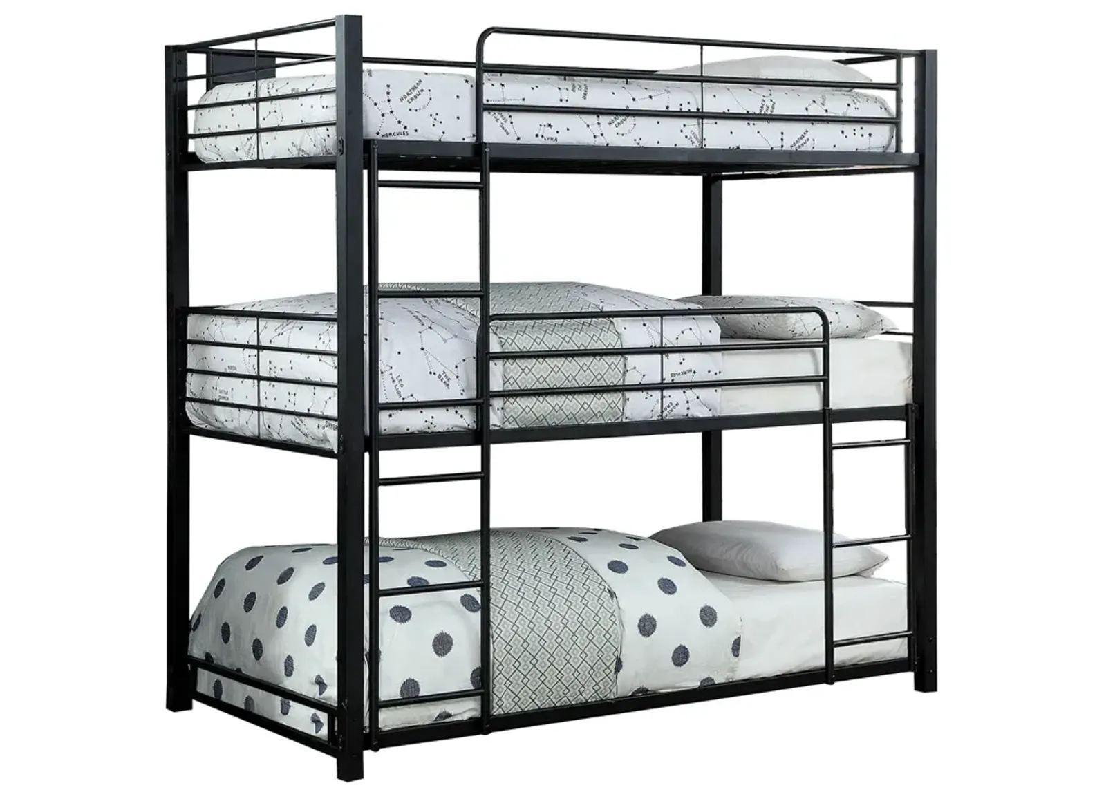 3 Tier Bunk Bed with Attached Ladders, Black-Benzara