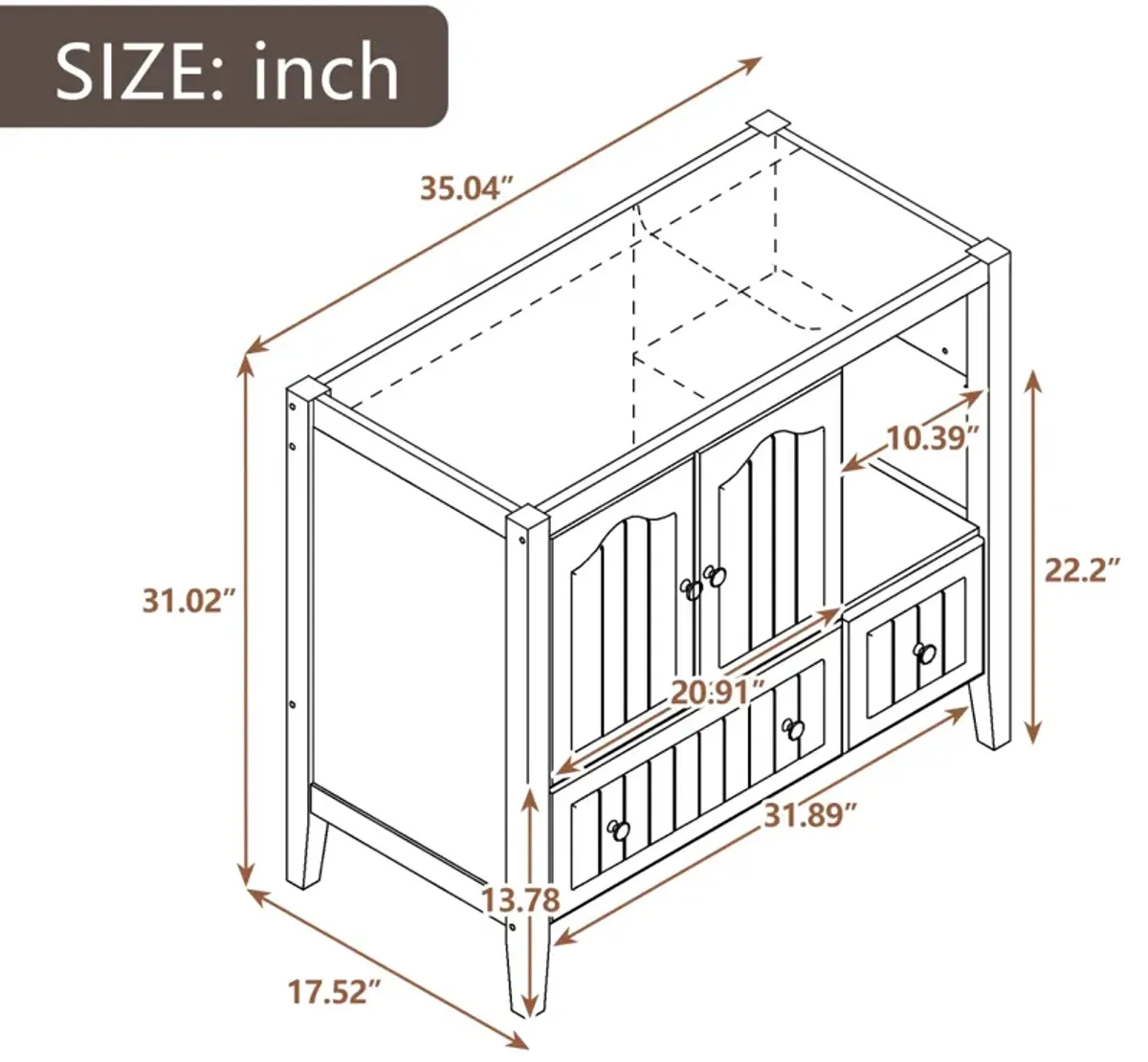 36 Bathroom Vanity Base Only, Solid Wood Frame And MDF Boards, Brown