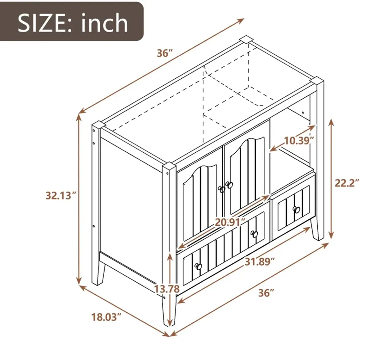 36 Bathroom Vanity Base Only, Solid Wood Frame And MDF Boards, Brown