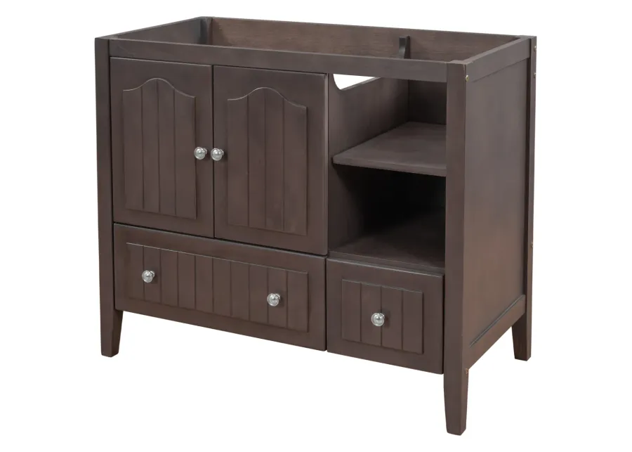 36 Bathroom Vanity Base Only, Solid Wood Frame And MDF Boards, Brown