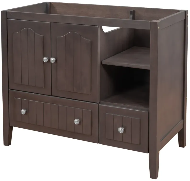 36 Bathroom Vanity Base Only, Solid Wood Frame And MDF Boards, Brown