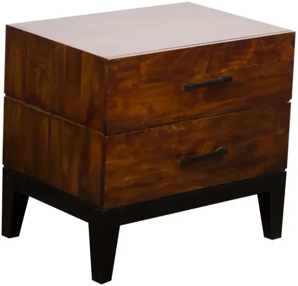 26 Inch Nightstand, 2 Drawers, Black Handles, Chestnut Brown Mango Wood - Benzara