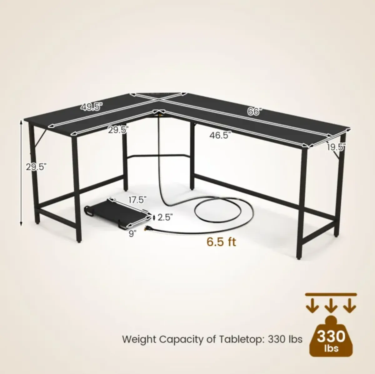 Hivvago L-Shaped Computer Desk with CPU Stand Power Outlets and USB Ports