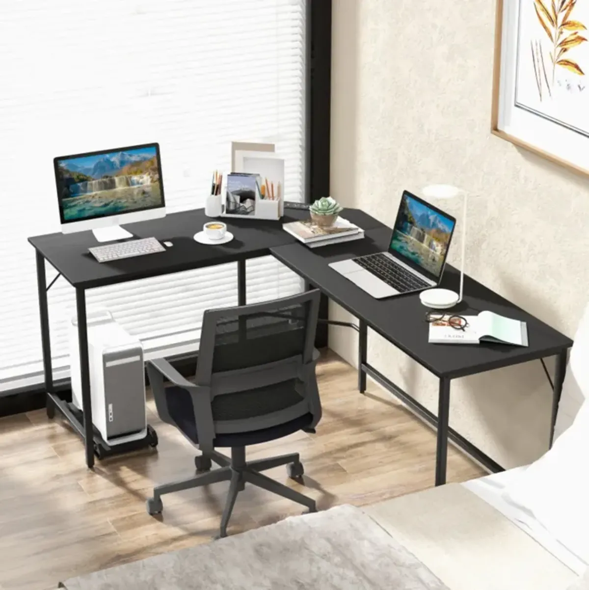 Hivvago L-Shaped Computer Desk with CPU Stand Power Outlets and USB Ports