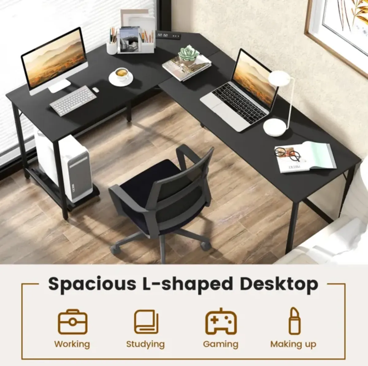 Hivvago L-Shaped Computer Desk with CPU Stand Power Outlets and USB Ports