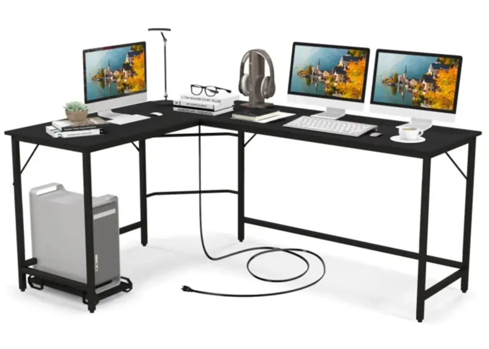 Hivvago L-Shaped Computer Desk with CPU Stand Power Outlets and USB Ports