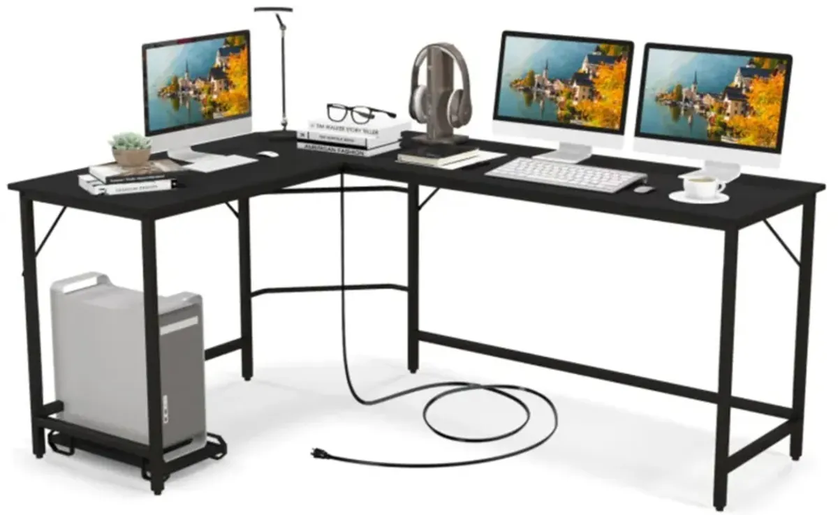 Hivvago L-Shaped Computer Desk with CPU Stand Power Outlets and USB Ports