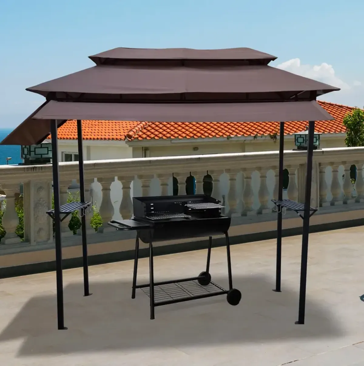 8 X 4FT Grill Gazebo With Soft Top Canopy And Steel Frame With Hook And Bar Counter