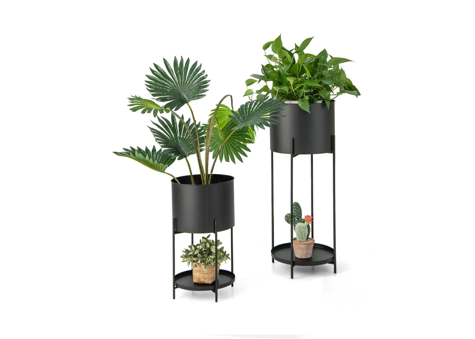 2 Metal Planter Pot Stands with Drainage Holes-Black